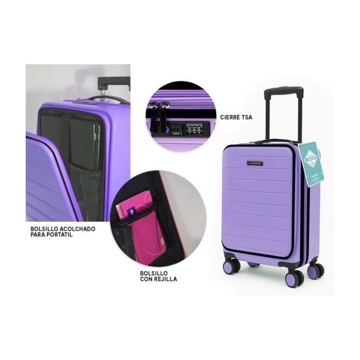 Lagart Maleta Trolley Pocket de Cabina Rigida 20” 55x34x20cm - Compartimento Frontal Acolchado para Portatil - Cierre TSA - Ruedas Dobles 360º - Color Lila Pastel