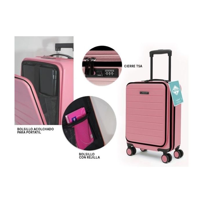 Lagart Maleta Trolley Pocket de Cabina Rigida 20” 55x34x20cm - Compartimento Frontal Acolchado para Portatil - Cierre TSA - Ruedas Dobles 360º - Color Salmon Pastel
