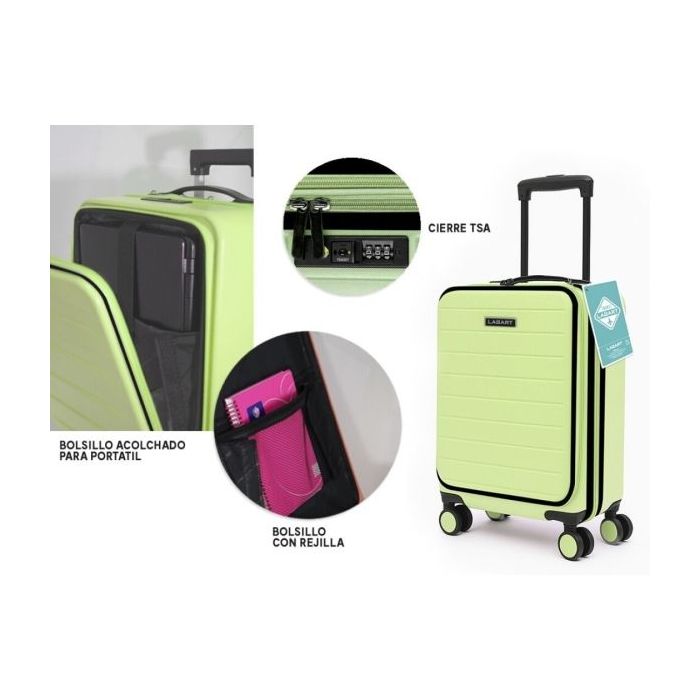 Lagart Maleta Trolley Pocket de Cabina Rigida 20” 55x34x20cm - Compartimento Frontal Acolchado para Portatil - Cierre TSA - Ruedas Dobles 360º - Color Verde Pastel