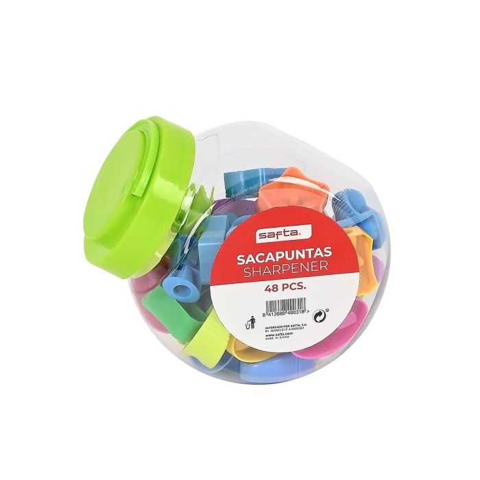 Safta Pack de 48 Sacapuntas - Agarre Antideslizante - Compacto - Cuchilla de Alta Calidad - 100x100x120mm - Colores Surtidos