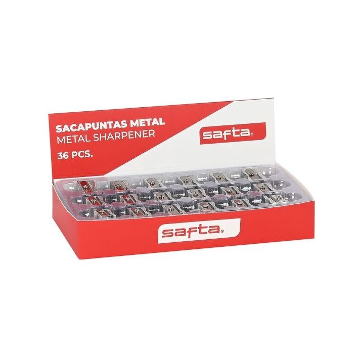 Safta Expositor con 36 Sacapuntas de Metal - Cuchilla de Alta Calidad - Agarre Ergonomico - Color Aluminio