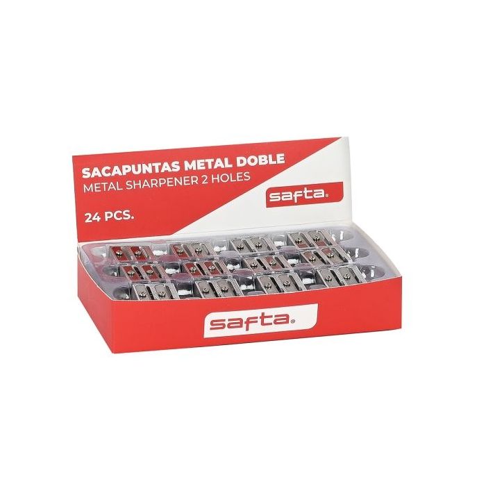 Safta Expositor con 24 Sacapuntas Doble de Metal - Cuchilla de Alta Calidad - Agarre Ergonomico - Color Aluminio