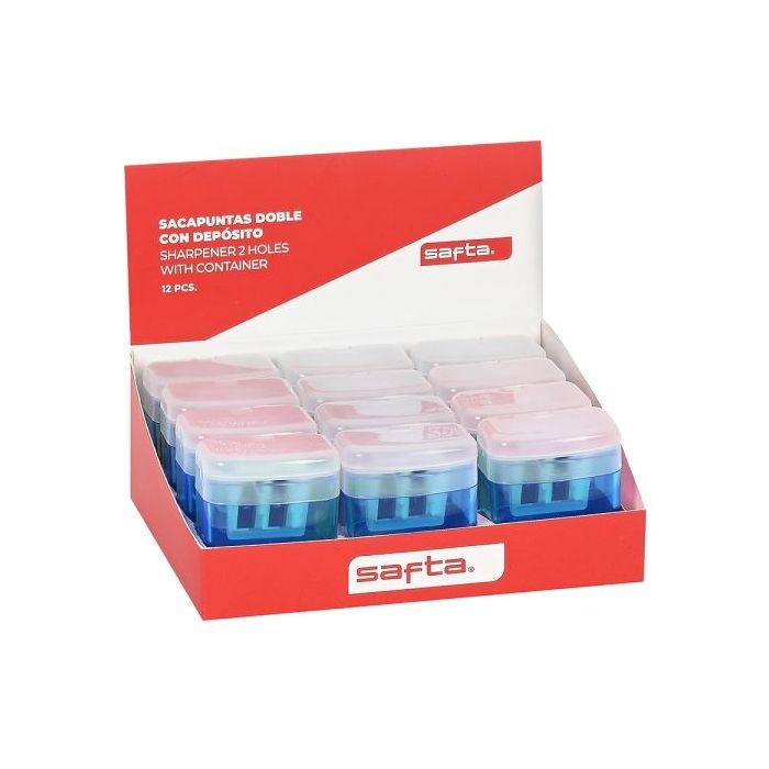 Safta Expositor con 12 Sacapuntas Doble con Deposito - Cuchilla de Acero Duradera - Agarre Ergonomico - Deposito para Virutas - Colores Surtidos