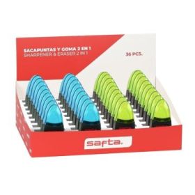 Safta Expositor con 36 Sacapuntas y Goma - Doble Funcion - Deposito para Virutas - Tapa Protectora de Plastico - Colores Surtidos