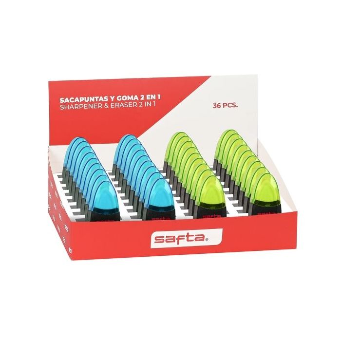 Safta Expositor con 36 Sacapuntas y Goma - Doble Funcion - Deposito para Virutas - Tapa Protectora de Plastico - Colores Surtidos