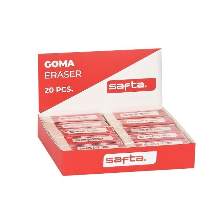 Safta Expositor con 20 Gomas - PVC - Borrado Limpio - Suave al Tacto - Color Blanco