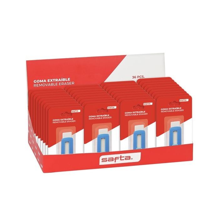 Safta Expositor con 36 Gomas Extraibles - Ergonomico - Estilo Cutter - Color Azul y Blanco