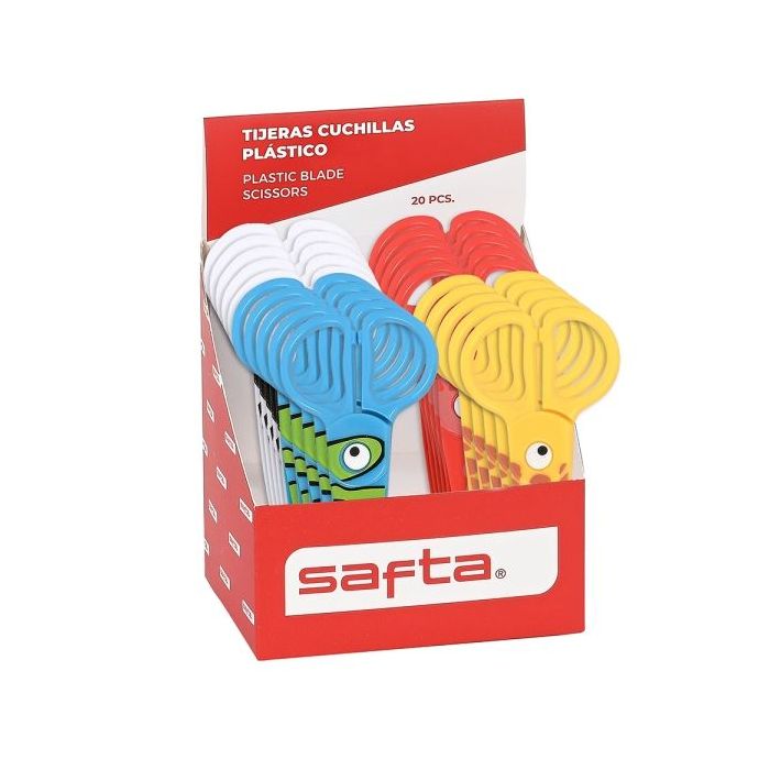 Safta Expositor con 20 Tijeras de 12cm - Asas Ergonomicas - Plastico Resistente - Punta Redonda Segura - Colores Surtidos
