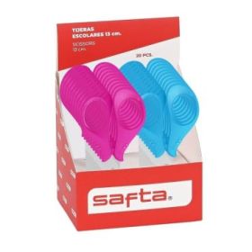 Safta Expositor con 20 Tijeras de 13cm - Asas Ergonomicas - Punta Redonda Segura - Cuchillas de Acero - Colores Surtidos