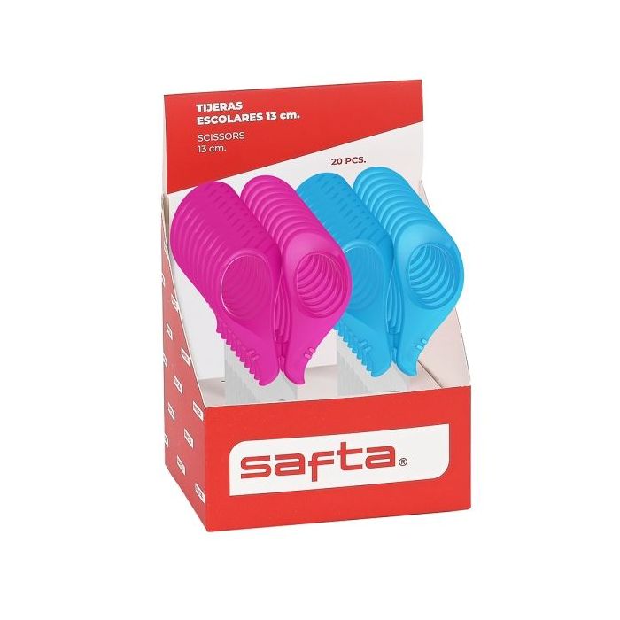 Safta Expositor con 20 Tijeras de 13cm - Asas Ergonomicas - Punta Redonda Segura - Cuchillas de Acero - Colores Surtidos