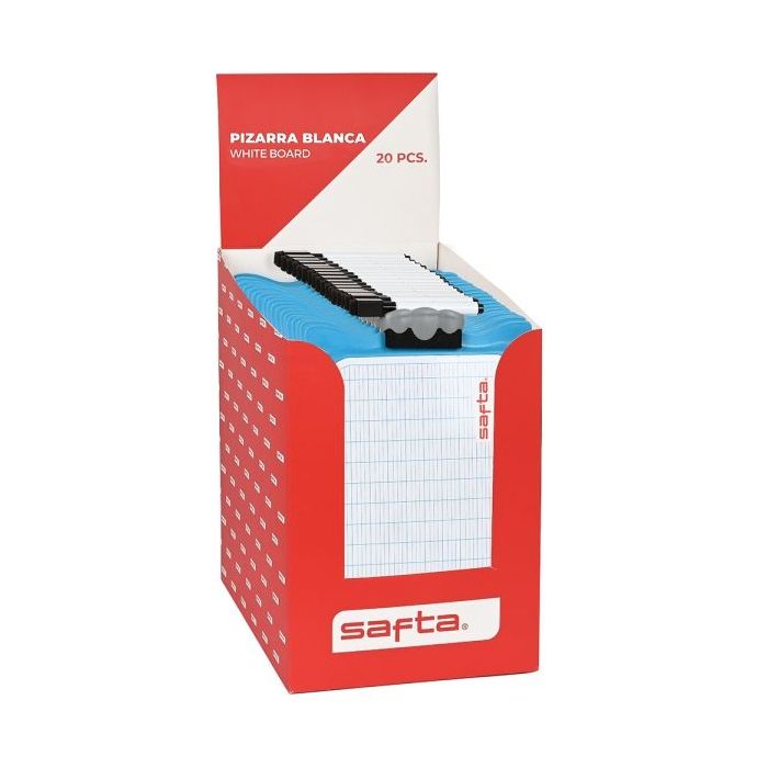 Safta Expositor con 20 Pizarras Blancas - Doble Cara - Incluye Rotulador y Borrador - Formato Antiroturas - Color Blanco