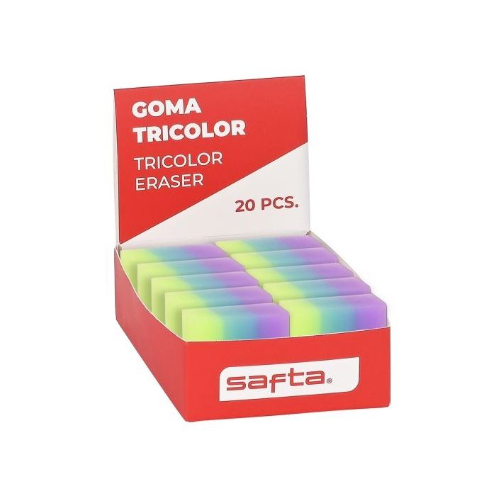 Safta Expositor con 20 Gomas - PVC - Borrado Limpio - Suave al Tacto - Tricolor