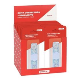 Safta Expositor con 12 Packs de Cinta Correctora y Pegamento - Doble Funcion - Colores Surtidos