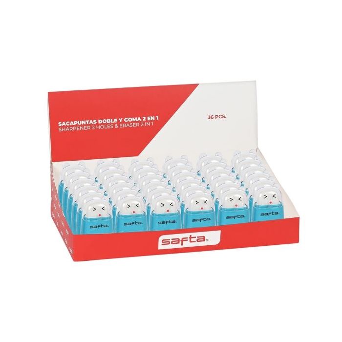 Safta Expositor con 36 Afilaborras - Doble Funcion de Sacapuntas y Goma - Tapa Protectora de Plastico - Deposito para Virutas - Colores Surtidos