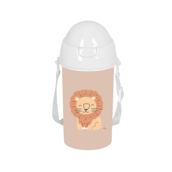 Safta Leon Botella de 500ml - PVC sin BPA - Pajita Interior - 73x73x195mm - Color Beige