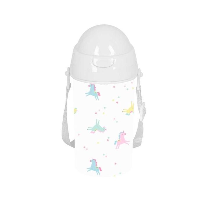 Safta Unicornio Botella de 500ml - PVC sin BPA - Pajita Interior - 73x73x195mm - Color Blanco