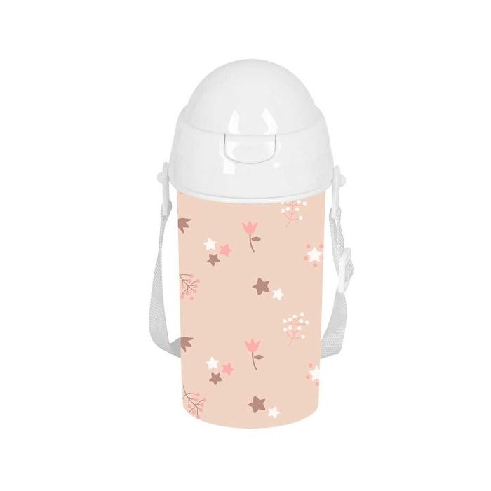 Safta Flores Botella de 500ml - PVC sin BPA - Pajita Interior - 73x73x195mm - Color Rosa Pastel