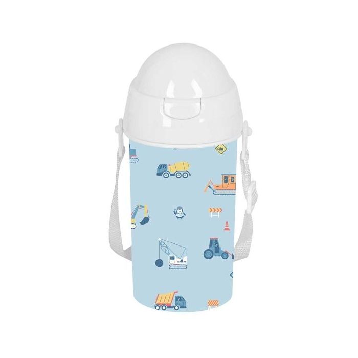 Safta Gruas Botella de 500ml - PVC sin BPA - Pajita Interior - 73x73x195mm - Color Azul Claro