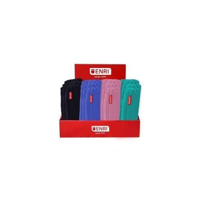 Enri Expositor de 20 Estuches Portatodo de 3 Compartimentos - Fabricados en Poliester- Colores Negro, Rosa, Azul y Verde