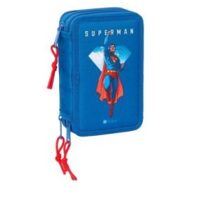 Safta Superman Plumier de 3 Pisos - 37 Piezas - 1.3L - Goma - Lapiz - Boligrafos - Sacapuntas - Reglas - 16 Colores - 14 Rotuladores - 125x55x195mm - Color Azul Oscuro