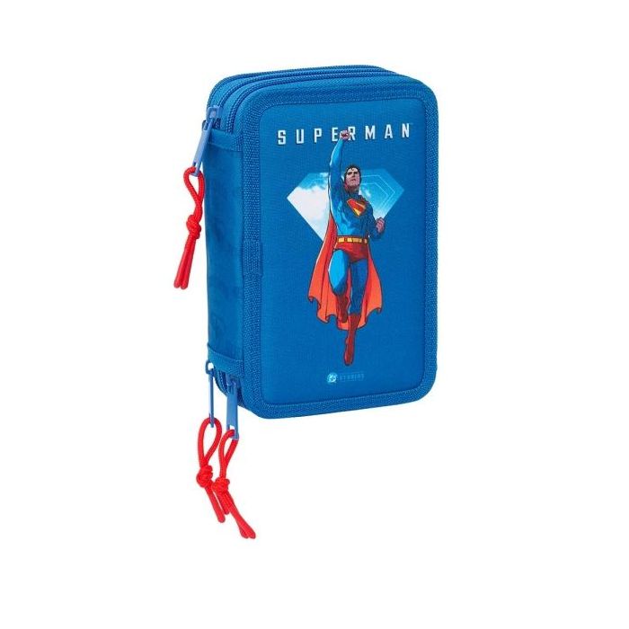 Safta Superman Plumier de 3 Pisos - 37 Piezas - 1.3L - Goma - Lapiz - Boligrafos - Sacapuntas - Reglas - 16 Colores - 14 Rotuladores - 125x55x195mm - Color Azul Oscuro