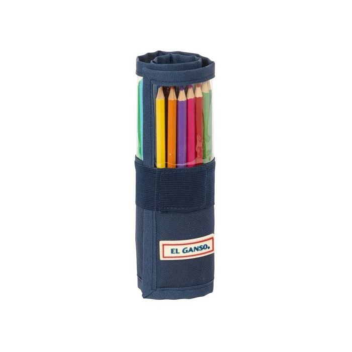 Safta el Ganso Eclipse Plumier Enrollable - 27 Piezas - Cierre con Velcro - Bolsillo con Cremallera - Goma - Lapiz - Boligrafos - Sacapuntas - 10 Rotuladores - 70x70x200mm - Color Azul Marino