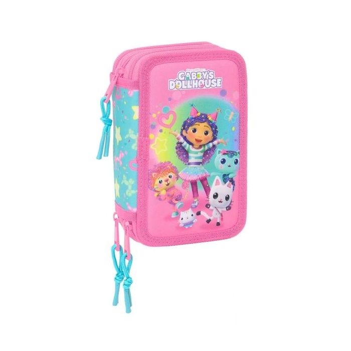 Safta Gabby's Dollhouse Confetti Plumier de 3 Pisos - 37 Piezas - 1.3L - Goma - Lapiz - Boligrafos - Sacapuntas - Reglas - 16 Colores - 14 Rotuladores - 125x55x195mm - Color Rosa
