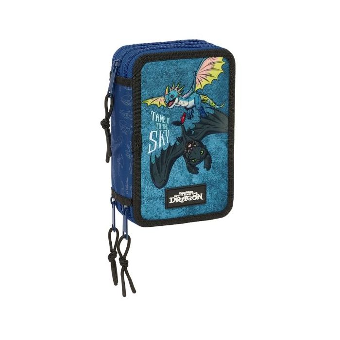 Safta Como Entrenar a Tu Dragon Plumier de 3 Pisos - 37 Piezas - 1.3L - Goma - Lapiz - Boligrafos - Sacapuntas - Reglas - 16 Colores - 14 Rotuladores - 125x55x195mm - Color Azul Marino
