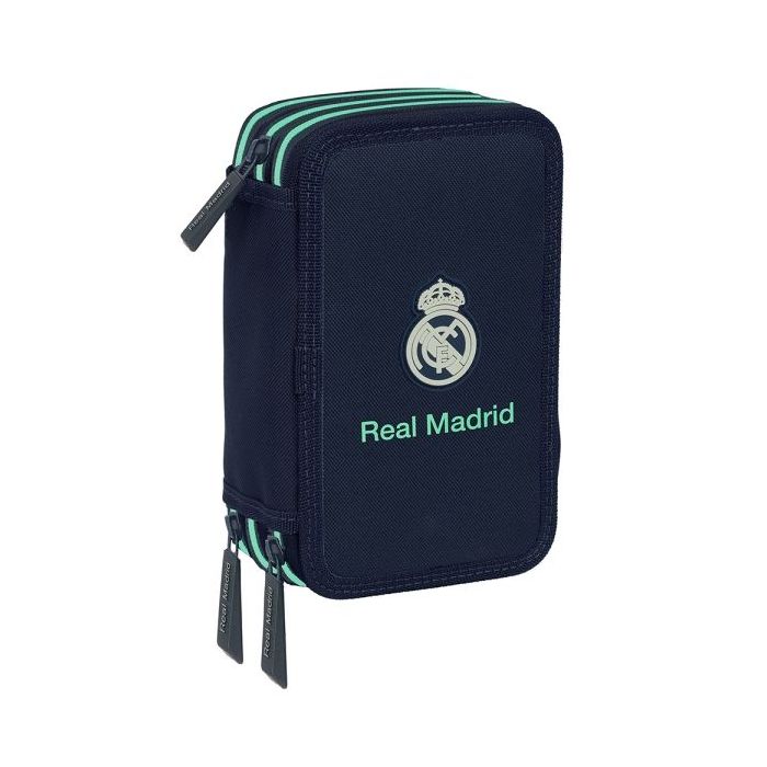 Safta Real Madrid 2ª Equipacion 25/26 Plumier de 3 Pisos - 37 Piezas - 1.3L - Goma - Lapiz - Boligrafos - Sacapuntas - Reglas - 16 Colores - 14 Rotuladores - 125x55x195mm - Color Azul Marino