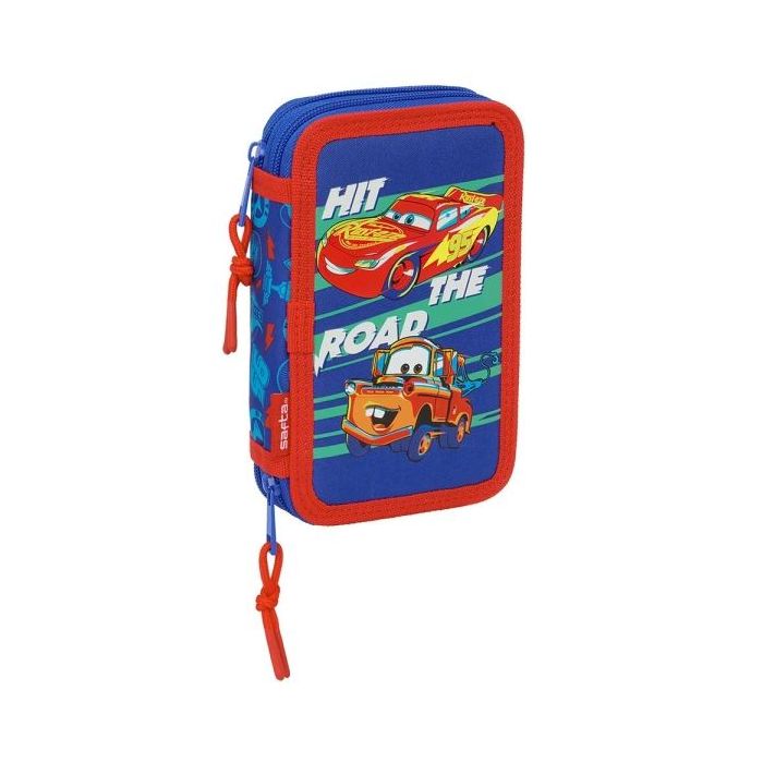 Safta Cars Plumier de 2 Pisos - 29 Piezas - 1L - Goma - Lapiz - Boligrafos - Sacapuntas - 10 Colores - 14 Rotuladores - 125x40x195mm - Color Azul