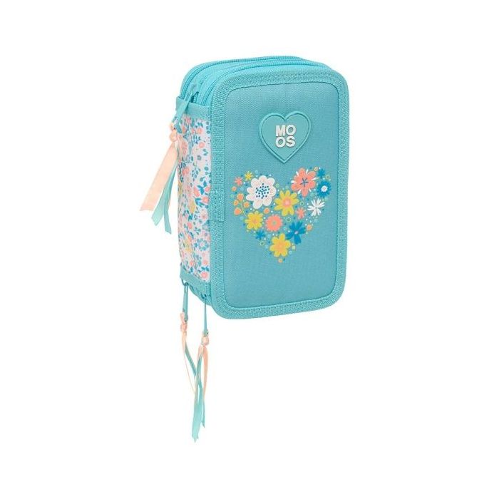 Safta Moos Fiori Plumier de 3 Pisos - 37 Piezas - 1.3L - Goma - Lapiz - Boligrafos - Sacapuntas - Reglas - 16 Colores - 14 Rotuladores - 125x55x195mm - Color Azul Claro