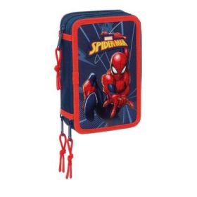 Safta Spider-Man Plumier de 3 Pisos - 37 Piezas - 1.3L - Goma - Lapiz - Boligrafos - Sacapuntas - Reglas - 16 Colores - 14 Rotuladores - 125x55x195mm - Color Azul Marino