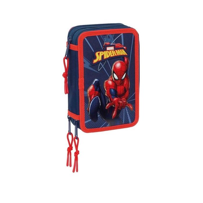 Safta Spider-Man Plumier de 3 Pisos - 37 Piezas - 1.3L - Goma - Lapiz - Boligrafos - Sacapuntas - Reglas - 16 Colores - 14 Rotuladores - 125x55x195mm - Color Azul Marino
