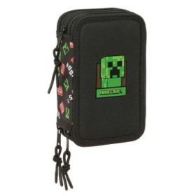 Safta Minecraft Plumier de 3 Pisos - 37 Piezas - 1.3L - Goma - Lapiz - Boligrafos - Sacapuntas - Reglas - 16 Colores - 14 Rotuladores - 125x55x195mm - Color Negro