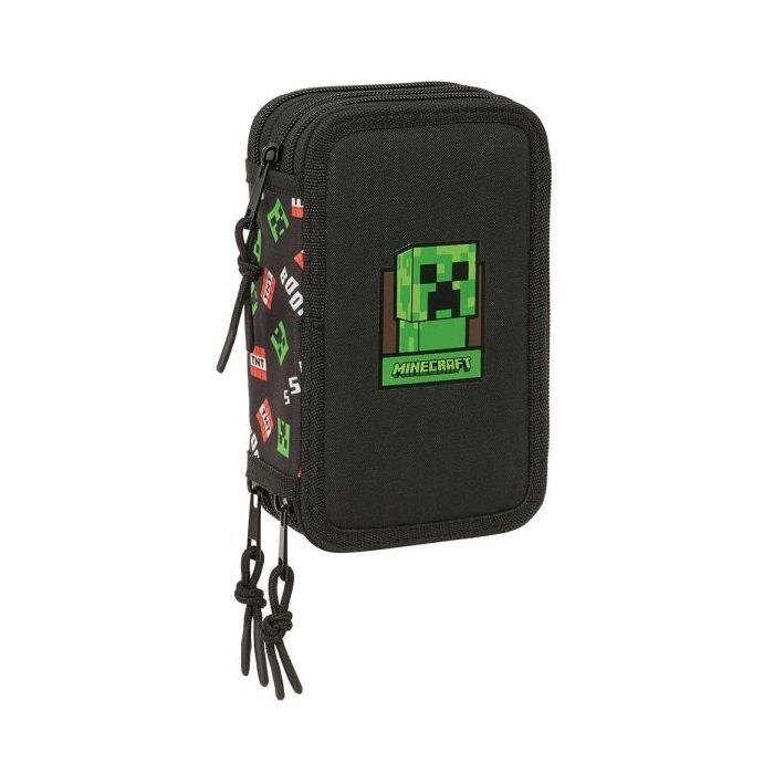 Safta Minecraft Plumier de 3 Pisos - 37 Piezas - 1.3L - Goma - Lapiz - Boligrafos - Sacapuntas - Reglas - 16 Colores - 14 Rotuladores - 125x55x195mm - Color Negro