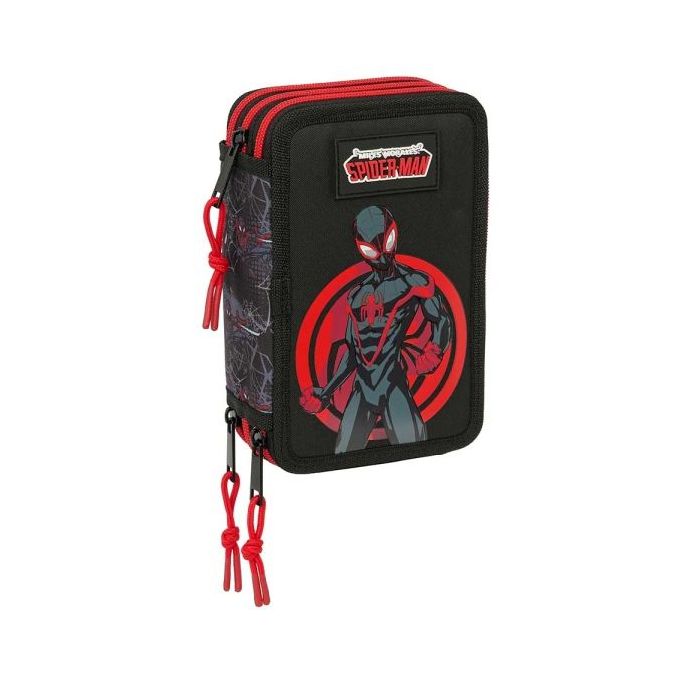 Safta Miles Morales Plumier de 3 Pisos - 37 Piezas - 1.3L - Goma - Lapiz - Boligrafos - Sacapuntas - Reglas - 16 Colores - 14 Rotuladores - Ideal para Estudiantes - 125x55x195mm - Color Negro y Rojo