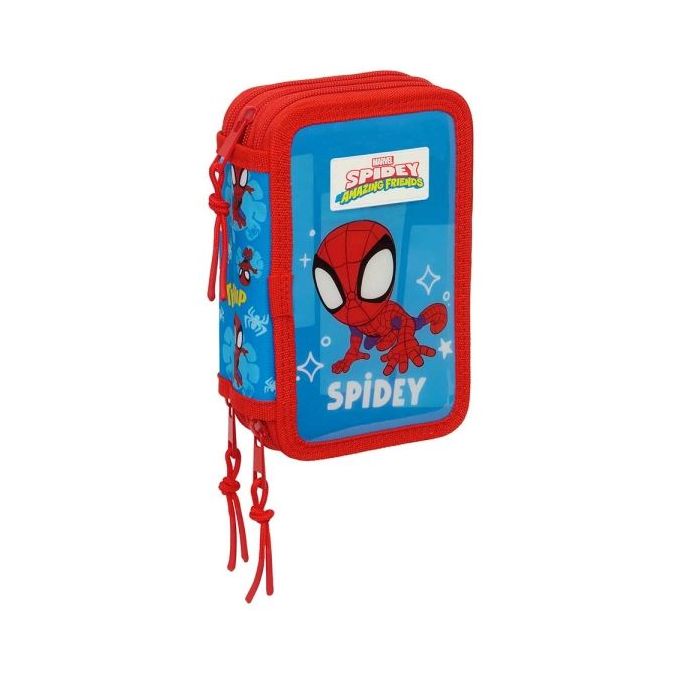 Safta Spidey Plumier de 3 Pisos - 37 Piezas - 1.3L - Goma - Lapiz - Boligrafos - Sacapuntas - Reglas - 16 Colores - 14 Rotuladores - 125x55x195mm - Color Rojo y Azul