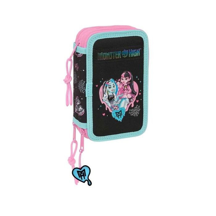 Safta Monster High Plumier de 3 Pisos - 37 Piezas - 1.3L - Goma - Lapiz - Boligrafos - Sacapuntas - Reglas - 16 Colores - 14 Rotuladores - 125x55x195mm - Color Negro