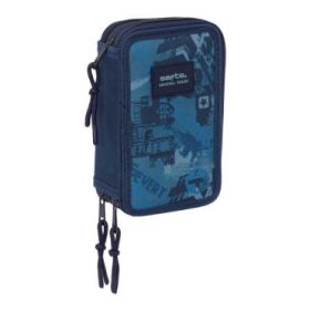 Safta New Edition Plumier de 3 Pisos - 37 Piezas - 1.3L - Goma - Lapiz - Boligrafos - Sacapuntas - Reglas - 16 Colores - 14 Rotuladores - 125x55x195mm - Color Azul