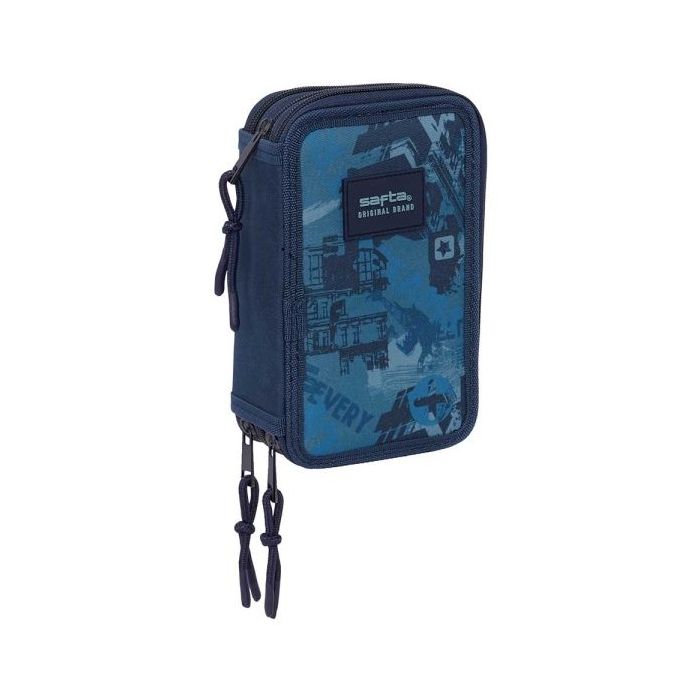 Safta New Edition Plumier de 3 Pisos - 37 Piezas - 1.3L - Goma - Lapiz - Boligrafos - Sacapuntas - Reglas - 16 Colores - 14 Rotuladores - 125x55x195mm - Color Azul