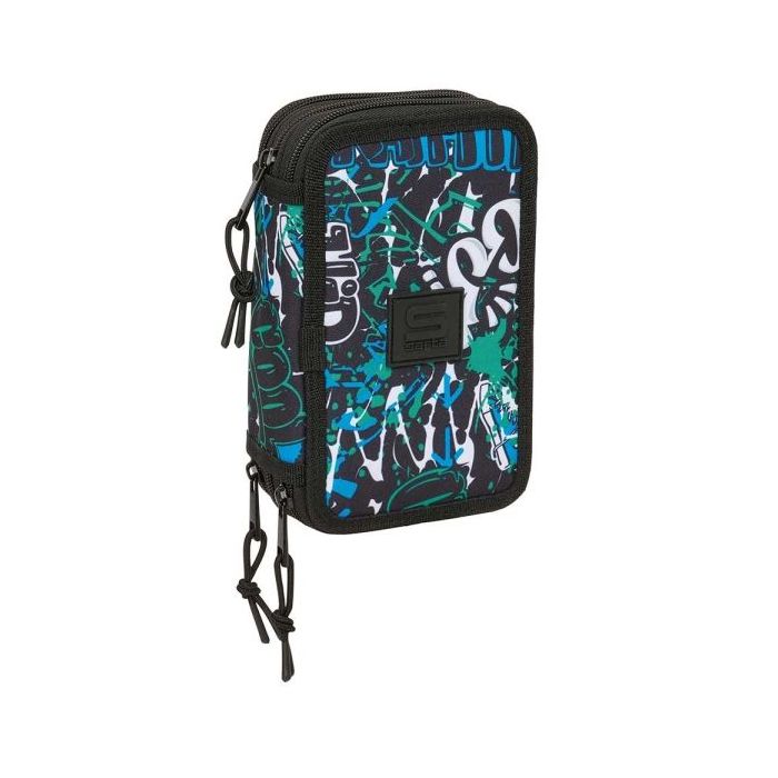 Safta Graffiti Go Plumier de 3 Pisos - 37 Piezas - 1.3L - Goma - Lapiz - Boligrafos - Sacapuntas - Reglas - 16 Colores - 14 Rotuladores - 125x55x195mm - Color Azul Oscuro