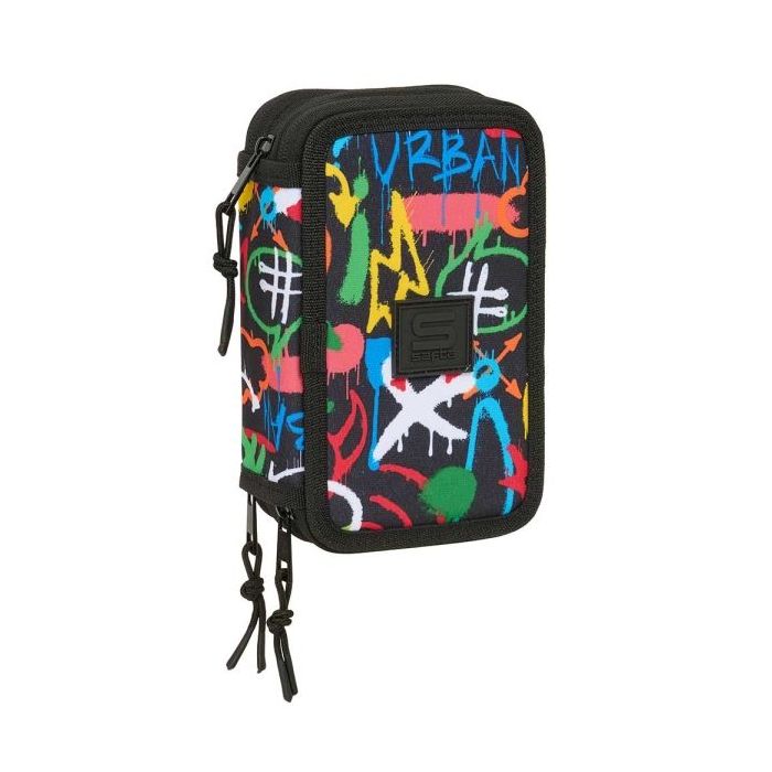 Safta Graffiti Colors Plumier de 3 Pisos - 37 Piezas - 1.3L - Goma - Lapiz - Boligrafos - Sacapuntas - Reglas - 16 Colores - 14 Rotuladores - 125x55x195mm - Multicolor