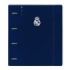 Safta Real Madrid 1ª Equip. 24/25 Carpeta con 4 Anillas 35mm - Tapas de PP Foam - Recambio 100 Hojas - Cierre Elastico - Separadores - Ranura para Boligrafo - 270x40x320mm - Color Azul Marino