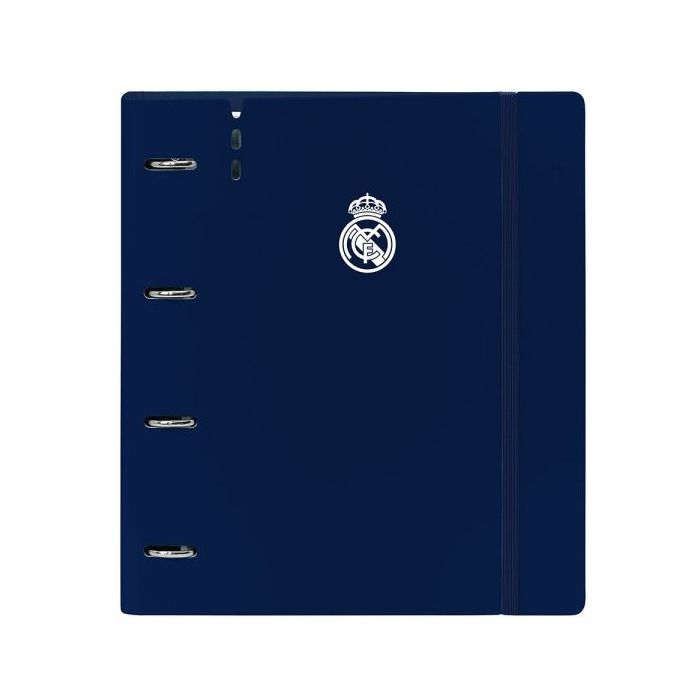 Safta Real Madrid 1ª Equip. 24/25 Carpeta con 4 Anillas 35mm - Tapas de PP Foam - Recambio 100 Hojas - Cierre Elastico - Separadores - Ranura para Boligrafo - 270x40x320mm - Color Azul Marino