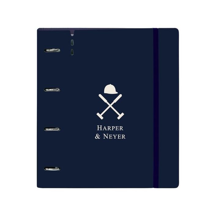 Safta Harper and Neyer Carpeta con 4 Anillas 35mm - Tapas de PP Foam - Recambio 100 Hojas - Cierre Elastico - Ranura para Boligrafo - Incluye Separadores - 270x40x320mm - Color Azul Marino