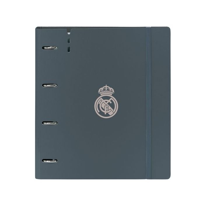 Safta Real Madrid 3ª Equipacion 24/25 Carpeta con 4 Anillas 35mm - Tapas de PP Foam - Recambio 100 Hojas - Cierre Elastico - Separadores Internos - 270x40x320mm - Color Gris