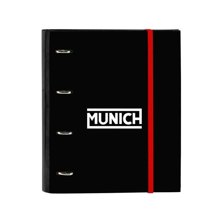 Safta Munich Vulcan Carpeta con 4 Anillas 35mm - Tapas Duras Forradas - Recambio 100 Hojas - Cuadriculas 5x5mm - Cierre Elastico - Incluye Separadores - 270x35x320mm - Color Negro y Rojo