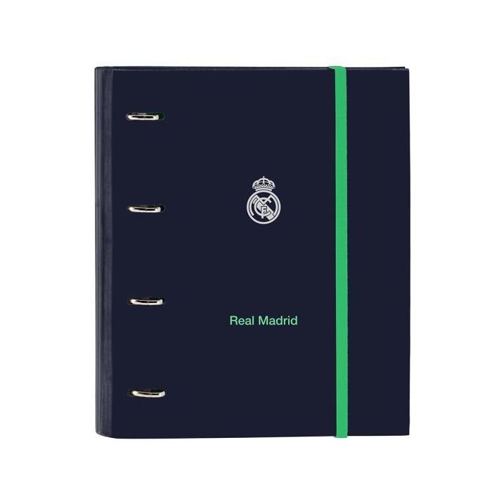 Safta Real Madrid 2ª Equipacion 25/26 Carpeta con 4 Anillas 35mm - Tapas Duras Forradas - Recambio 100 Hojas - Cuadriculas 5x5mm - 80g/m2 - Separadores - 270x35x320mm - Color Azul Marino