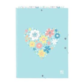 Safta Moos Fiori Carpeta con 3 Solapas - Tapas Duras Forradas - Formato Folio - Cierre con Gomas - 260x25x335mm - Color Azul Claro