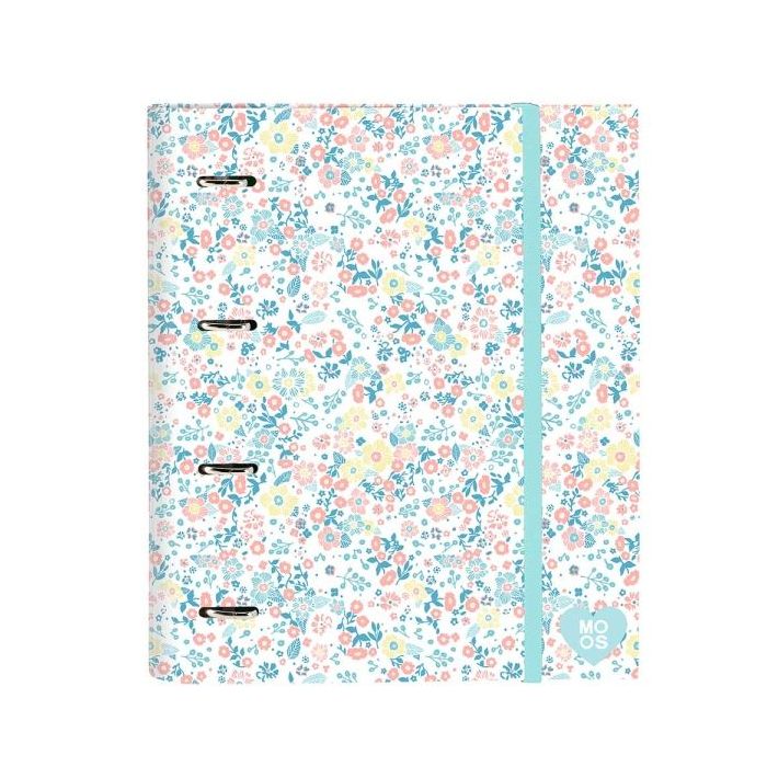 Safta Moos Fiori Carpeta con 4 Anillas 35mm - Tapas Duras Forradas - Recambio 100 Hojas - Cuadriculas 5x5mm - Cierre Elastico - 270x35x320mm - Color Blanco